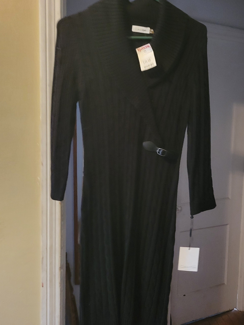 Calvin Klein Black Long Sleeve Ribbed Sweater Dress with Buckle